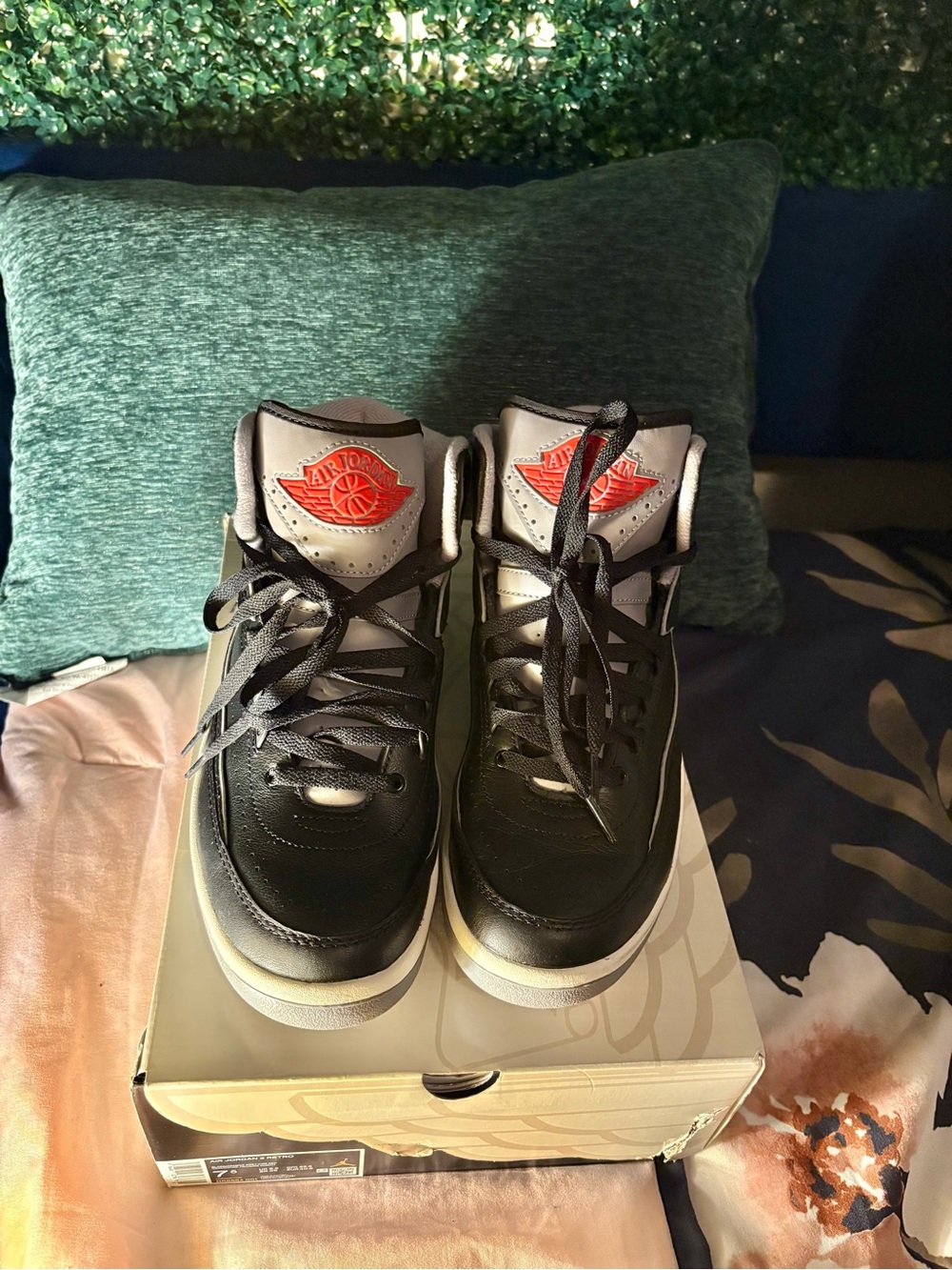 Jordan Retro Black and Gray High-Top Sneakers with Red Logo Accent